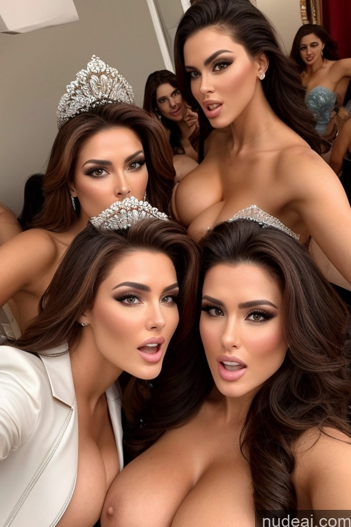 ai nude image of three women in tiables posing for a picture with a mirror pics of Miss Universe Model Huge Boobs 20s Two Several Party Mirror Selfie Shocked Close-up View Front View