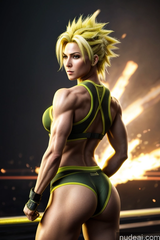 ai nude image of a close up of a person in a bikini and a fire pics of Muscular Front View Busty Woman Super Saiyan Neon Lights Clothes: Yellow Science Fiction Style Battlefield Cyborg Blonde