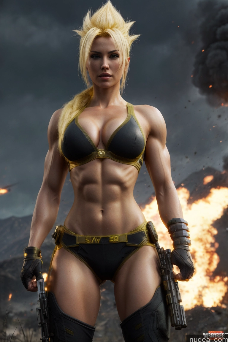 related ai porn images free for Super Saiyan Busty Muscular Front View Cyborg Woman Science Fiction Style Neon Lights Clothes: Yellow Battlefield Mountains