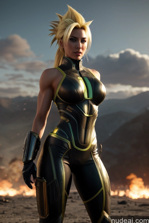 ai nude image of arafed woman in a futuristic suit standing in front of a mountain pics of Super Saiyan Busty Muscular Front View Cyborg Woman Science Fiction Style Neon Lights Clothes: Yellow Battlefield Mountains Moon