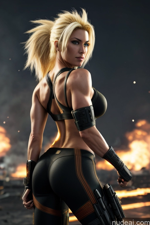 related ai porn images free for Super Saiyan Busty Muscular Front View Cyborg Woman Science Fiction Style Neon Lights Clothes: Yellow Battlefield Moon Blonde