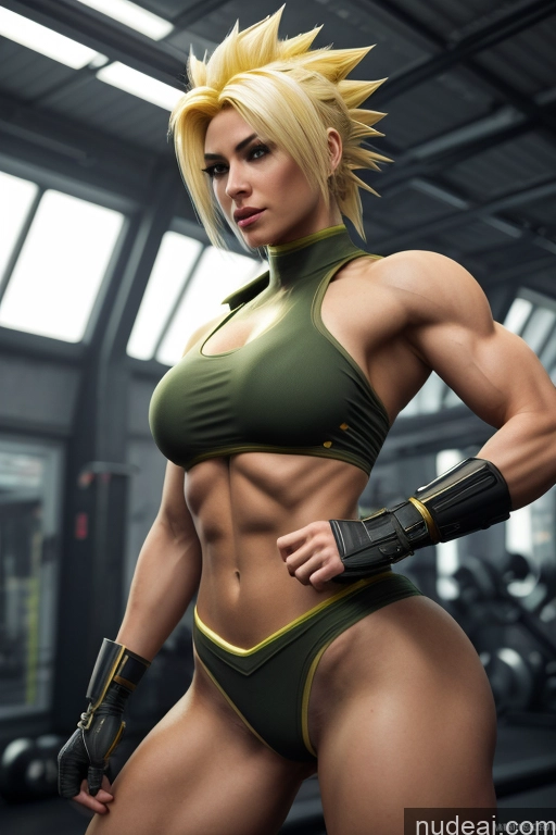 ai nude image of a close up of a person in a bikini and a bodybuilding suit pics of Super Saiyan Busty Muscular Front View Cyborg Woman Science Fiction Style Neon Lights Clothes: Yellow Blonde Battlefield Neon Lights Clothes: Orange Cosplay