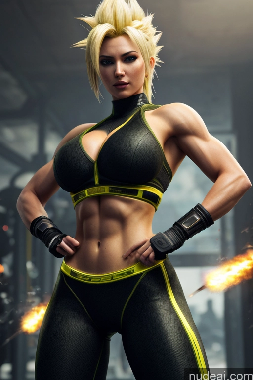 ai nude image of arafed woman in a black and yellow outfit posing for a picture pics of Super Saiyan Busty Muscular Front View Cyborg Woman Science Fiction Style Neon Lights Clothes: Yellow Blonde Neon Lights Clothes: Orange Neon Lights Clothes: Red Battlefield