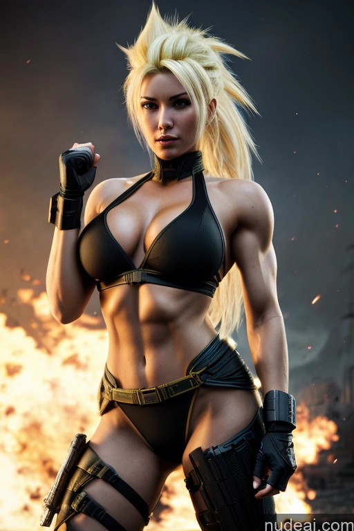 ai nude image of blond woman in black bikini with gun and fire in background pics of Super Saiyan Busty Muscular Front View Cyborg Woman Science Fiction Style Neon Lights Clothes: Yellow Blonde Neon Lights Clothes: Orange Neon Lights Clothes: Red Battlefield Martial Arts