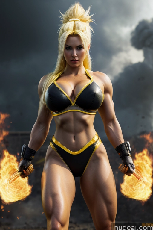 ai nude image of arafed woman in a bikini with fire in her hands pics of Super Saiyan Busty Front View Cyborg Woman Science Fiction Style Neon Lights Clothes: Yellow Blonde Neon Lights Clothes: Orange Neon Lights Clothes: Red Battlefield Martial Arts Cosplay Bodybuilder