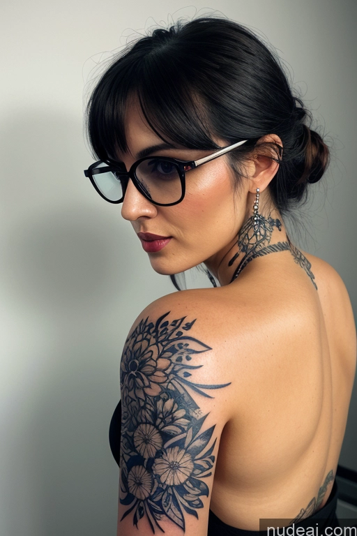 ai nude image of there is a woman with a tattoo on her arm and a tattoo on her shoulder pics of Big Hips 20s Thick Bangs Micro Skirt Shirt Cleavage Front View Busty Glasses Tattoos