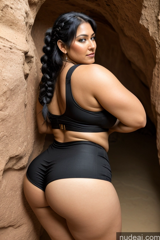 ai nude image of araffe woman in a black bikini and black panties leaning against a rock wall pics of Cyborg Huge Boobs Big Ass Big Hips Thick 30s Seductive Black Hair Braided Indian Vintage Cave Front View Detailed Sleeping Tank Top Niqab