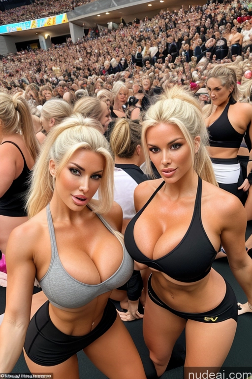 ai nude image of two women in bikinis posing for a picture in a stadium pics of Busty Huge Boobs Blonde Ponytail Swedish Plank Full Frontal Yoga Pants Sports Bra Two Several Sexy Face Milf Bimbo Sorority