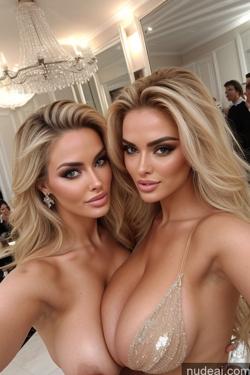 ai nude image of two women in a room with a chandelier and a chandelier pics of Miss Universe Model Huge Boobs Perfect Boobs 20s Two Several Party Mirror Selfie Close-up View Shocked Soft + Warm Blonde