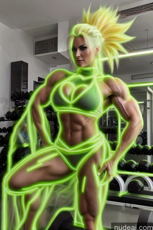 ai nude image of arafed woman in a green bikini posing in a gym pics of Super Saiyan Busty Neon Lights Clothes: Green Front View Green Hair Muscular Several Two Woman Neon Lights Clothes: Yellow