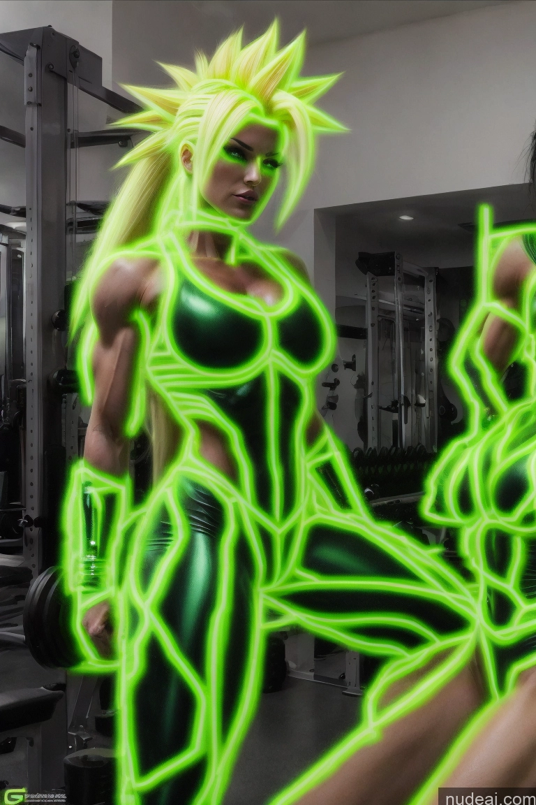 ai nude image of anime girl in green outfit posing in gym with a barbell pics of Super Saiyan Busty Neon Lights Clothes: Green Front View Green Hair Muscular Several Two Neon Lights Clothes: Yellow Science Fiction Style Woman