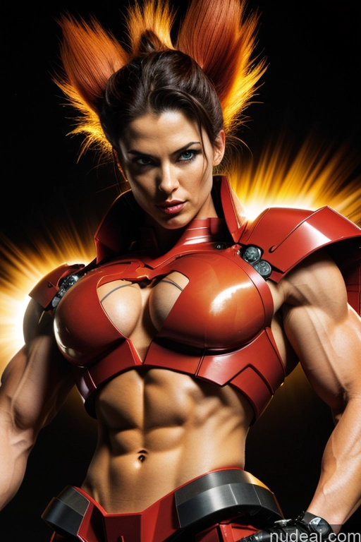 ai nude image of arafed woman in a red leather outfit posing for a picture pics of Super Saiyan 4 Woman Front View Muscular SuperMecha: A-Mecha Musume A素体机娘 Neon Lights Clothes: Red Abs