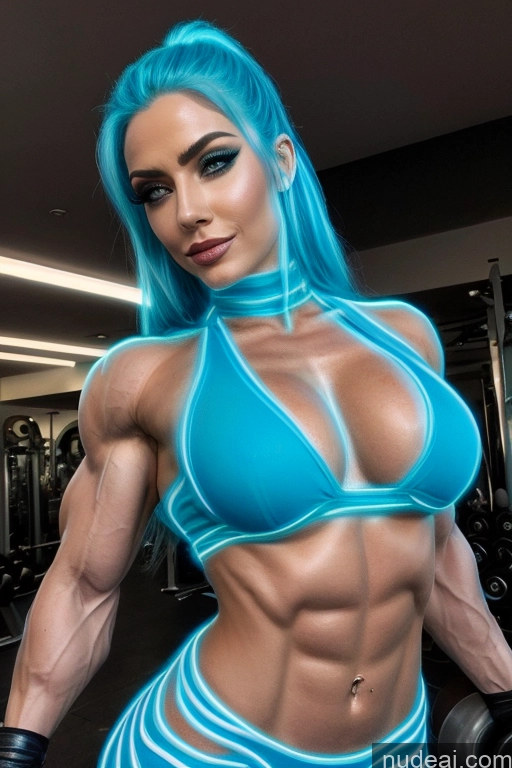 related ai porn images free for Busty Blue Hair Front View Superhero Neon Lights Clothes: Blue Muscular Several Two