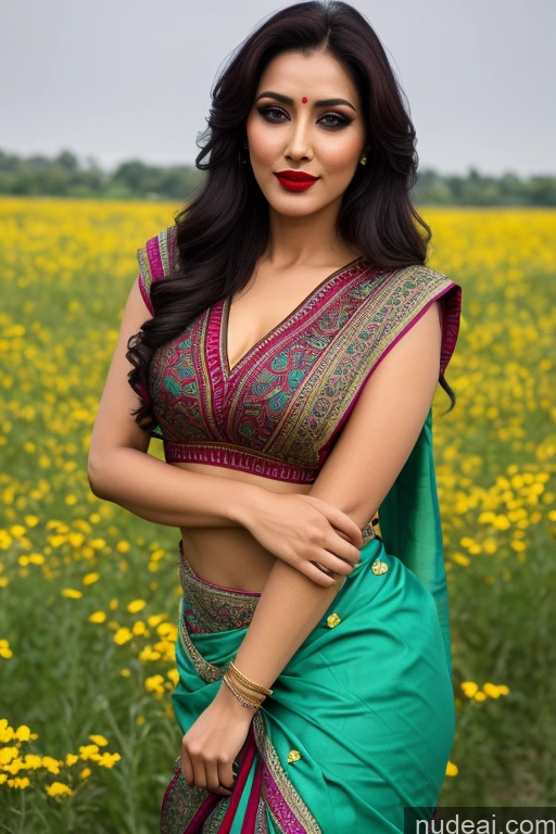 ai nude image of a woman in a green sari posing in a field of yellow flowers pics of 20s Blouse Sari Meadow Lipstick