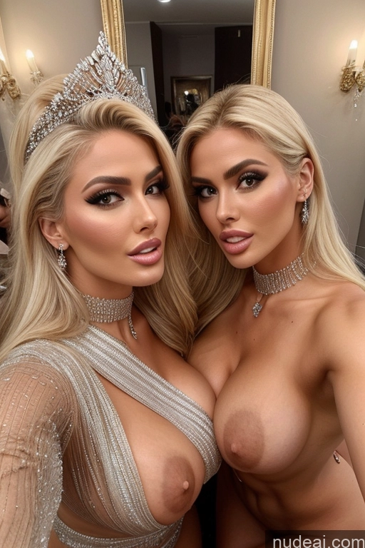 ai nude image of two women in a room with a mirror and a tiable pics of Miss Universe Model Huge Boobs Perfect Boobs 20s Two Several Party Mirror Selfie Blonde Close-up View Shocked Choker Nude Soft + Warm