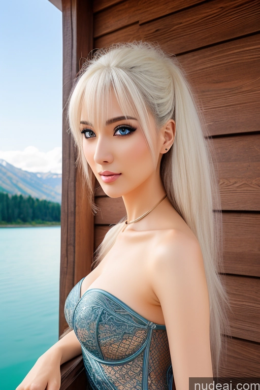 ai nude image of blond woman with blue eyes and long blond hair posing for a picture pics of Soft Anime Wooden Horse Looking At Sky Lake Mountains Elemental Series - Ice