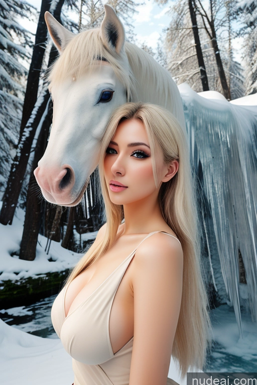 ai nude image of blond woman in a nude dress posing with a horse in the snow pics of Soft Anime Wooden Horse Looking At Sky Elemental Series - Ice Waterfall Forest