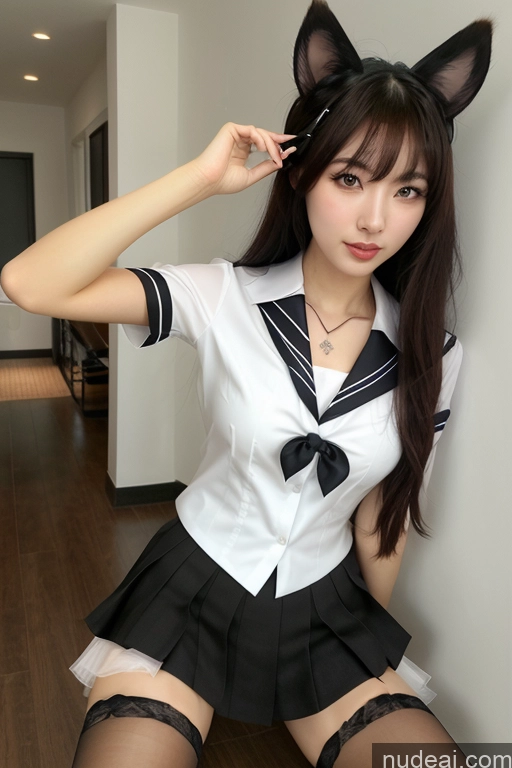 related ai porn images free for Ahri, 1girl, Long Hair, Animal Ears, Whisker Markings, Korean Clothes, Cleavage, Detached Sleeves Scissors Pose JK Uniform