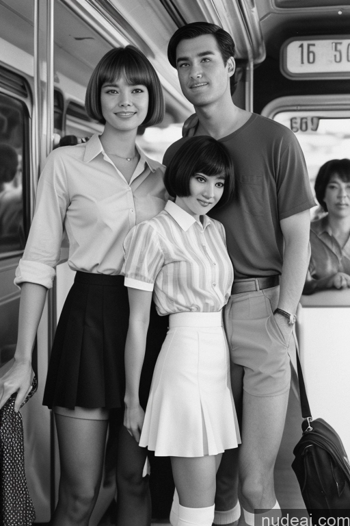 ai nude image of arafed black and white photo of a man and two women on a bus pics of Sorority Skinny Small Tits Short Small Ass 18 Asian Japanese Filipina Film Photo Skin Detail (beta) Long Skirt Thigh Socks Transparent Detailed Military Bus Street Train Bobcut Short Hair 60s 70s Vintage Dark Lighting High Socks Shirt Several Woman + Man