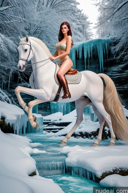 ai nude image of araffe riding a horse in a snowy forest by a waterfall pics of Wooden Horse Looking At Sky Elemental Series - Ice Waterfall Forest Transparent