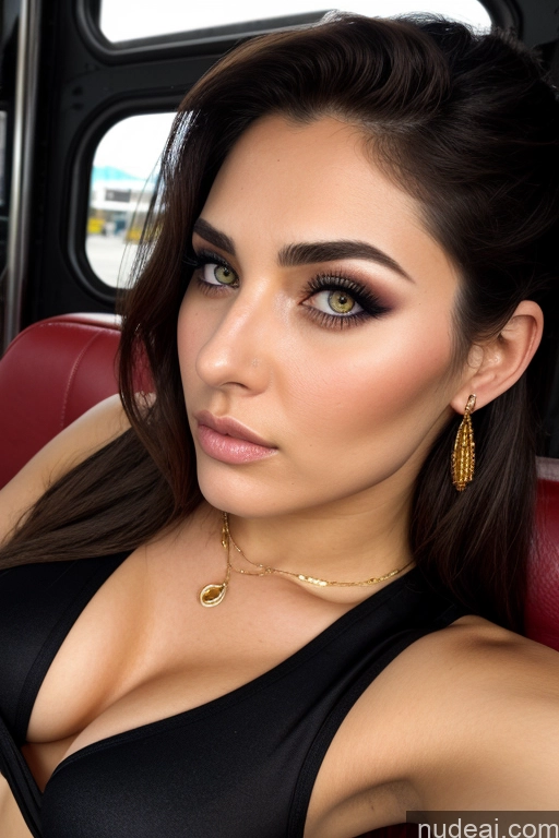 ai nude image of araffe woman in a black top and gold earrings sitting in a car pics of Woman One Perfect Boobs 18 Sad Brunette Pigtails Arabic Dark Fantasy Bus Front View Cumshot Nude Gold Jewelry Detailed