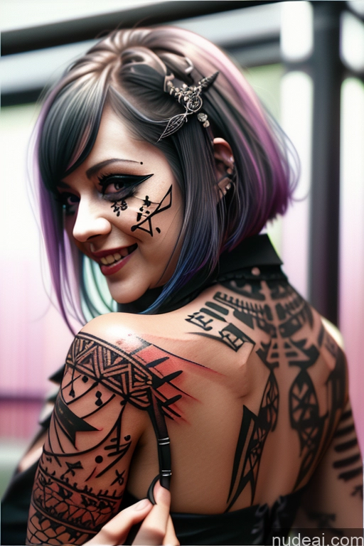 ai nude image of arafed woman with tattoos on her back and shoulder pics of Laughing Rainbow Haired Girl Greek Close-up View Bra Pull Down Nude Gothic Punk Girl Huge Boobs Crop Shirt Underboob Tattoos