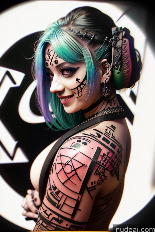 ai nude image of arafed woman with green hair and tattoos posing for a picture pics of Laughing Rainbow Haired Girl Greek Close-up View Bra Pull Down Nude Gothic Punk Girl Huge Boobs Crop Shirt Underboob Tattoos Big Ass