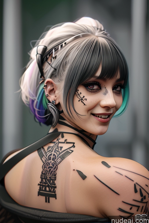 ai nude image of there is a woman with tattoos on her back and a tattoo on her arm pics of Laughing Rainbow Haired Girl Greek Close-up View Bra Pull Down Nude Gothic Punk Girl Huge Boobs Crop Shirt Underboob Tattoos Big Ass POV Focus Sex