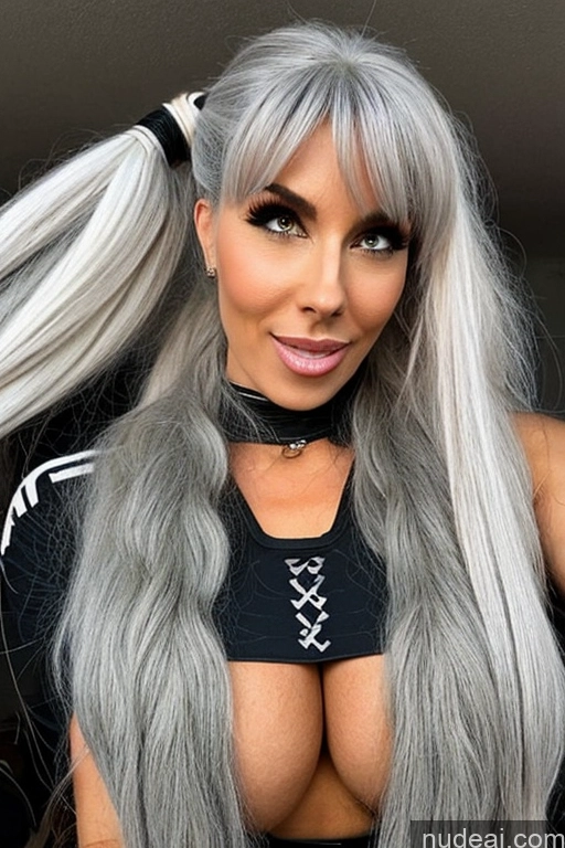 ai nude image of a close up of a woman with long gray hair and a black top pics of Woman Milf One Huge Boobs Big Ass Abs Long Hair White Pink Hair Bangs Church Front View Bending Over Goth Crop Top Transparent 30s Ahegao