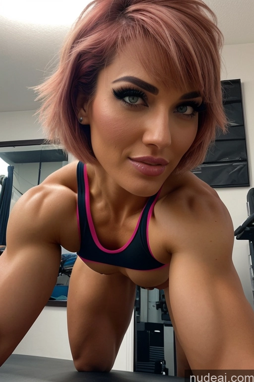 ai nude image of arafed woman with pink hair and a black top posing for a picture pics of Woman Milf Bodybuilder Several Huge Boobs Perfect Boobs Beautiful Big Ass Short Hair Pink Hair Bangs French Mirror Selfie Gym Front View Blowjob Nude 18