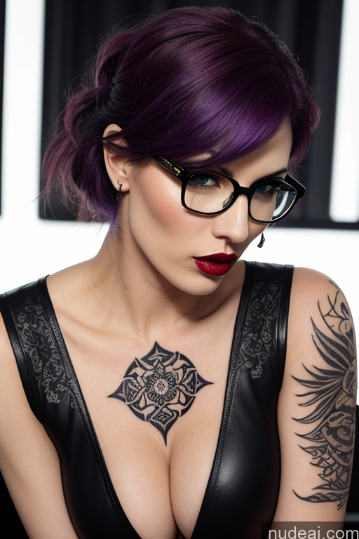 related ai porn images free for Woman One Lipstick Tattoos 30s Angry Serious Purple Hair Bangs Straight Russian Cyberpunk Bar Front View Spreading Legs Dominatrix Goth Latex Jacket Gold Jewelry Dark Lighting Detailed