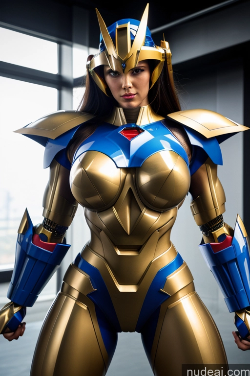 ai nude image of araffed woman in a gold and blue costume posing for a picture pics of Power Rangers Woman Busty Muscular Front View SuperMecha: A-Mecha Musume A素体机娘 Abs