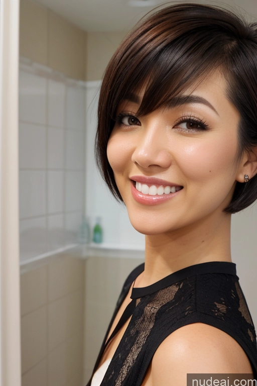 ai nude image of smiling woman with short hair and black top in bathroom pics of Small Tits Small Ass Skinny Fairer Skin 20s Black Hair Happy Model Short Hair Filipina Micro Skirt Messy One Close-up View