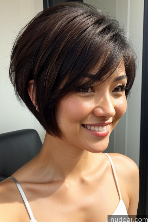 ai nude image of arafed asian woman with a short brown haircut smiling pics of Small Tits Small Ass Skinny Fairer Skin 20s Black Hair Happy Model Short Hair Filipina Micro Skirt Messy One Close-up View