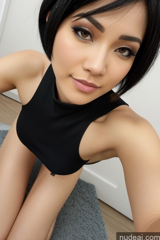 ai nude image of there is a woman that is sitting on the floor with her legs crossed pics of Small Tits Small Ass Skinny Fairer Skin 20s Black Hair Model Short Hair Filipina Micro Skirt Messy One Close-up View Blowjob Maske's Balls Deep Deepthroat