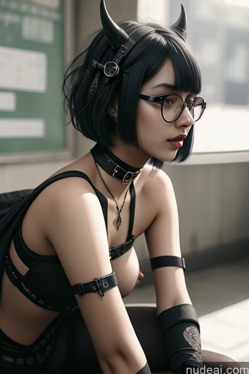 ai nude image of there is a woman with horns and glasses sitting on a bench pics of BetterStandingSlit 18 Indian Thigh Socks T-pose Nude Pubic Hair Short Hair Shocked Woman Small Tits Glasses Choker School Hallway Gothic Punk Girl Partially Nude Spread_legs, Pussy, Split_legs