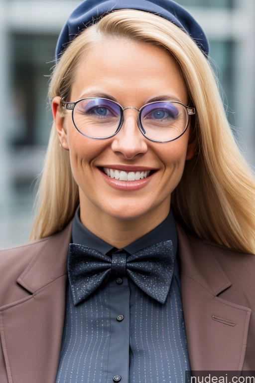 ai nude image of blond woman with glasses and a bow tie smiling for the camera pics of Woman Muscular Glasses 30s Happy Blonde Ponytail White Office Front View Blouse Bow Tie Boots Casual Corset Hat Jacket Professor Secretary Shirt Waitress Diamond Jewelry Gold Jewelry