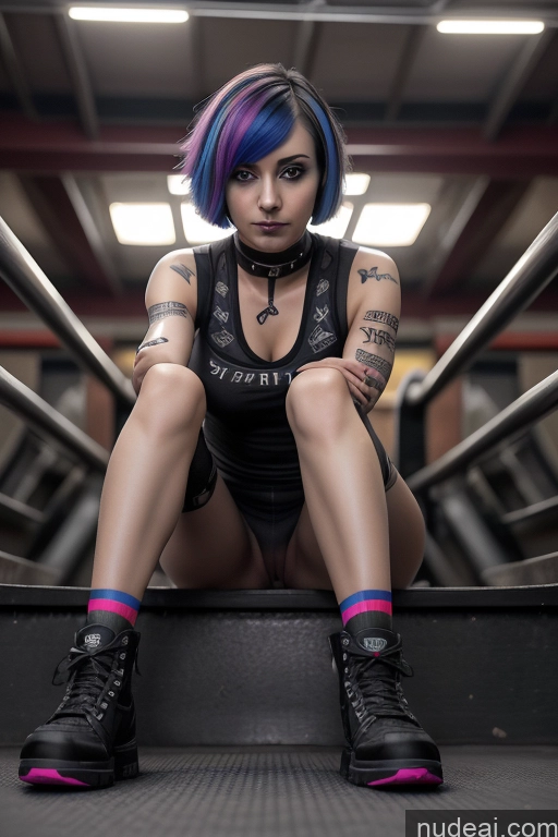 ai nude image of arafed woman with colorful hair sitting on a stair in a building pics of Athlete Perfect Boobs Short Hair Egyptian Rainbow Haired Girl Close-up View Gothic Punk Girl Nude 50s Boots Spread Pussy