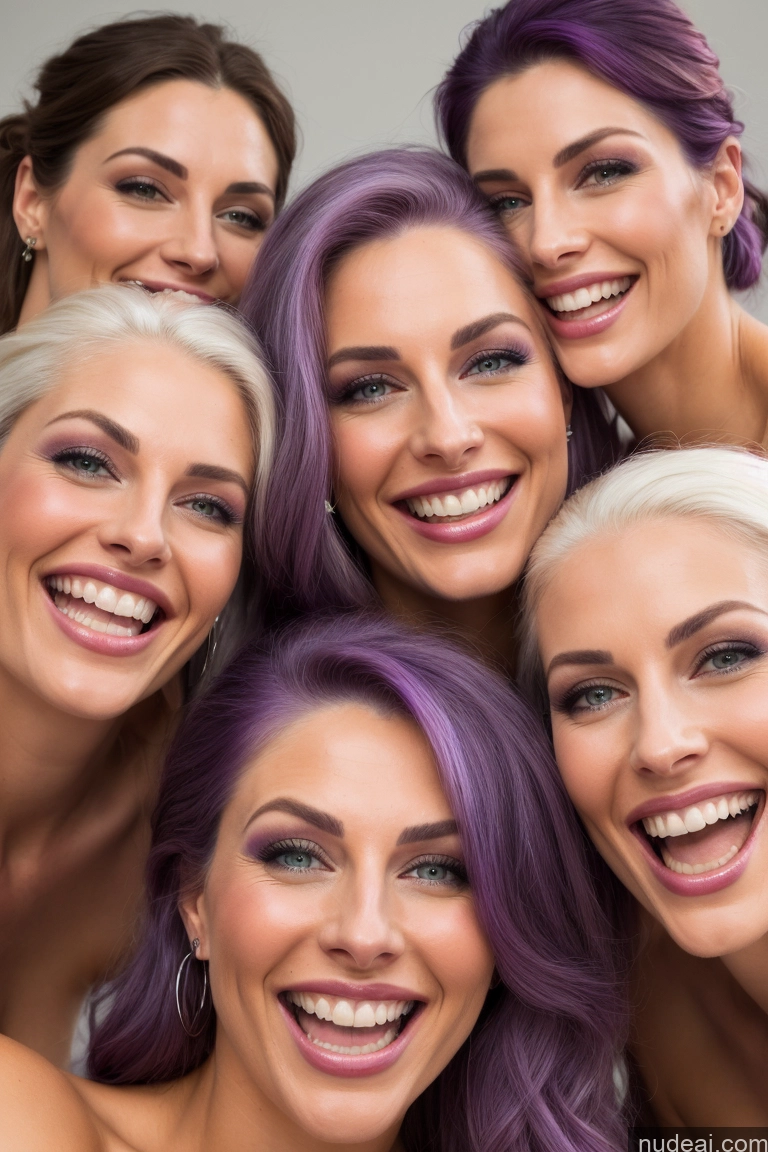 ai nude image of there are four women with purple hair posing for a picture pics of Beautiful Nude 20s White Perfect Boobs Model Laughing Happy Watercolor Hair Bun Several Purple Hair