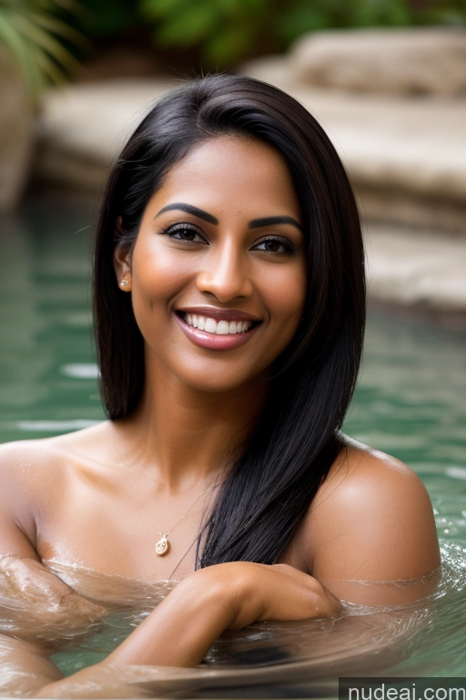 ai nude image of smiling woman in a pool of water with her arms crossed pics of Model One Fairer Skin Dark Skin Happy Seductive Sexy Face Black Hair Straight Indian Lake Sari Satin Bathing 30s