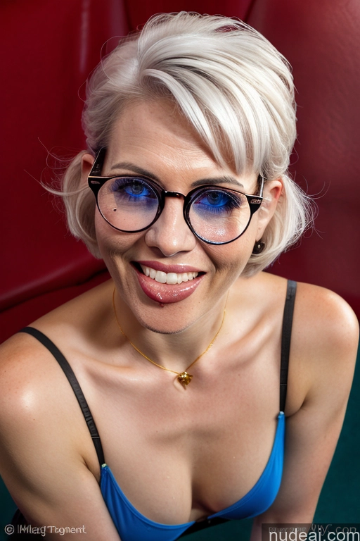 ai nude image of blond woman with glasses and a blue bra top smiling pics of Milf One Small Tits Skinny Glasses Short Hair Fairer Skin Womb Tattoos 逼真私密纹身 80s Sexy Face Happy White Hair Messy British 3d Club Front View Licking My Dick Piercing Tongue Nude High Heels Beer Wine Gold Jewelry Detailed