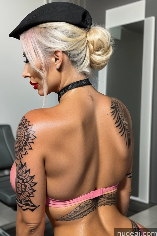 ai nude image of there is a woman with a tattoo on her back and a hat on pics of Bimbo Tattoos Lipstick Big Ass Huge Boobs Tanned Skin 20s Sexy Face Thai Cyberpunk Strip Club Choker Mesh Fishnet Several Slicked Pink Hair Straddling Mini Skirt Back View Partially Nude Cleavage