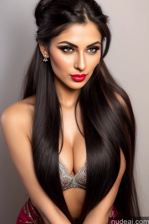 ai nude image of arafed woman with long dark hair and red lipstick posing for a picture pics of Milf One Long Hair Busty Beautiful Lipstick Big Hips 30s Seductive Pouting Lips Black Hair Indian Sleeping Sari Topless Dark Lighting Detailed Front View Dark Fantasy Moon Hair Bun 90s