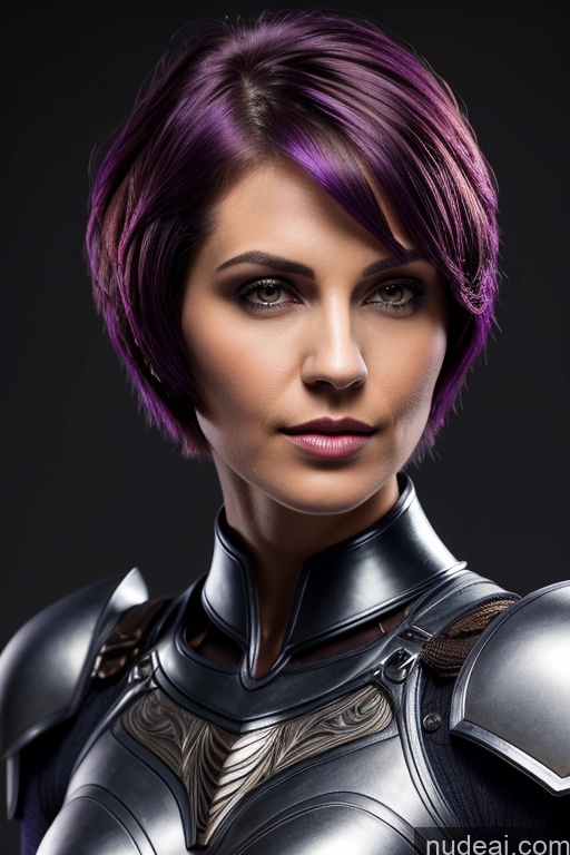 ai nude image of arafed woman in a futuristic suit with purple hair and armor pics of Purple Hair Fairer Skin Short Hair Fantasy Armor