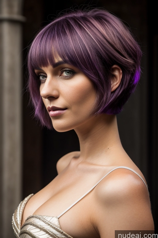 ai nude image of arafed woman with purple hair and a gold dress posing for a picture pics of Fairer Skin Short Hair Fantasy Armor Purple Hair Bobcut