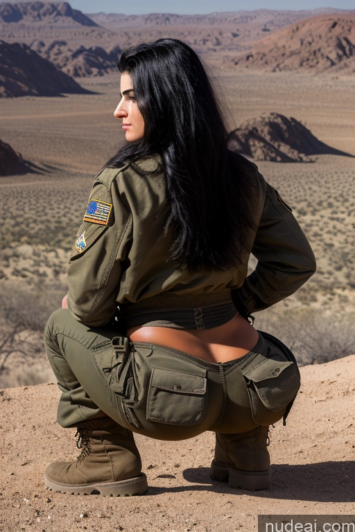 ai nude image of araffe in a military uniform kneeling on a desert plain pics of Jewish 18 Black Hair Big Ass Desert Back View Squatting Military Boots Harem Pants Jacket Several