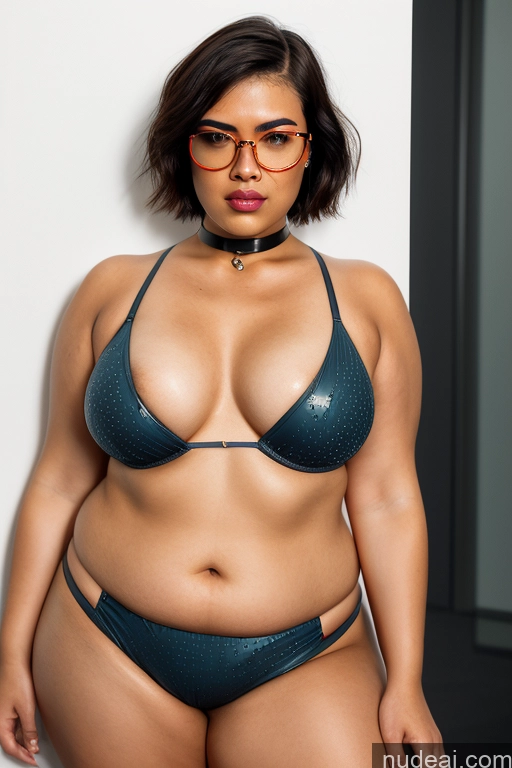 ai nude image of there is a woman in a bikini and glasses posing for a picture pics of Woman One Small Tits Glasses Chubby Short Hair Pubic Hair Short Oiled Body 20s Shocked Black Hair Bobcut Asian Mirror Selfie Changing Room Squatting Choker Bikini Transparent Bright Lighting