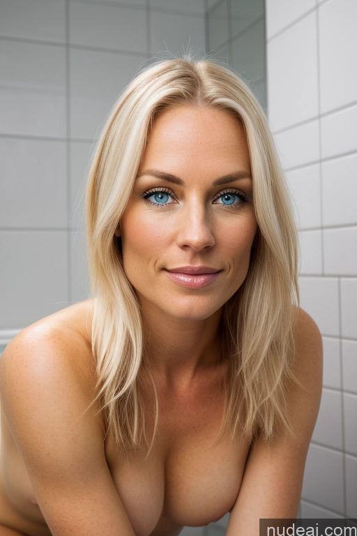 ai nude image of blond woman with blue eyes posing in a bathroom with a white tile wall pics of Woman Beautiful Nude Squatting 30s Sexy Face Bathroom Scandinavian