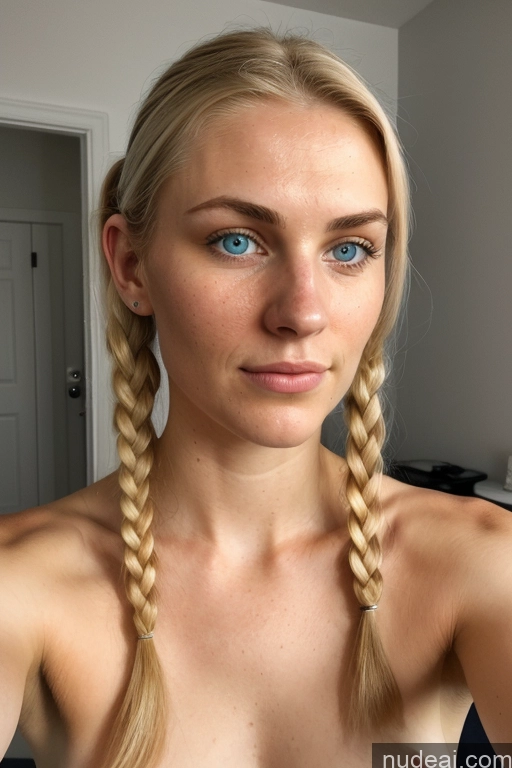 ai nude image of blond woman with blue eyes and braid hair taking a selfie pics of 18 Skinny Small Tits Mirror Selfie Bathroom Nude One Sad Pigtails Blonde Front View Spreading Legs Gold Jewelry Dark Lighting Simple Scandinavian