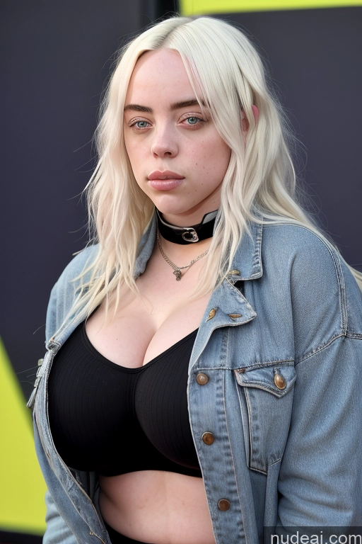 ai nude image of blonde woman with black bra top and denim jacket posing for a picture pics of Billie Eilish Thick Beautiful 18 Nude Topless Big Ass Model Huge Boobs